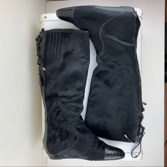 Migliorini Black Calf-Hair Tall Wedge Boots Back-Lace Detail‎ - Picture 4 of 16